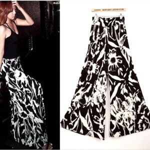 Liduaya High Rise Black White Flower Pull On Wide Flare Leg Cropped Slouchy Pant
